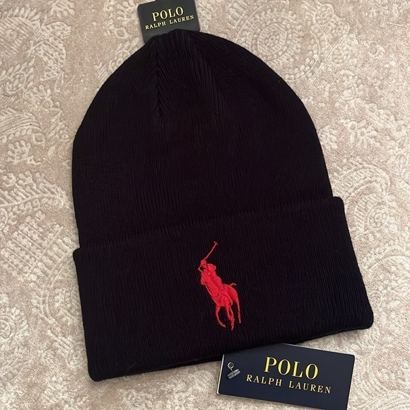 Brand New Polo Ralph Lauren Black Knit Stretch Beanie Hat Red Embroidered Pony - Picture 3 of 14